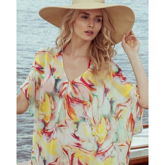 Alice + Olivia Dune Colorful Printed Silk-Cady Beach Swim Coverup Sheer One Size - Picture 1 of 11